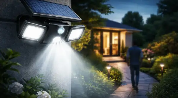 Czy lampy solarne świecą zimą? Tak, ta lampa solarna z trzema reflektorami oświetla ścieżkę do domu, nawet w ciemności.