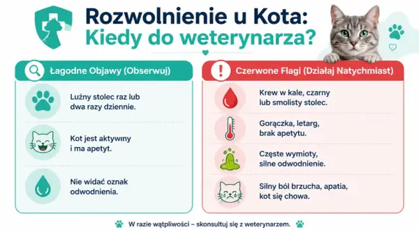 Grafika pokazuje, jak zachęcić kota do jedzenia, rozróżniając łagodne objawy od czerwonych flag. Kot z zielonymi oczami patrzy z góry.