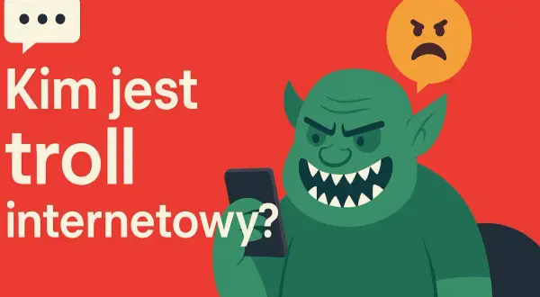 Zły zielony troll z telefonem i chmurką z gniewną emotikoną. Kim jest troll internetowy?