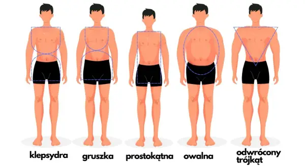 Ilustracja przedstawia pięć typów sylwetek męskich: klepsydra, gruszka, prostokątna, owalna i odwrócony trójkąt. Każda sylwetka jest obrysowana liniami, które podkreślają jej kształt.