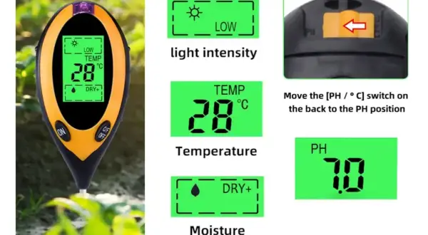 Miernik do roślin pokazuje optymalne ph gleby 7.0, temperaturę 28°C, niskie nasłonecznienie i wilgotność.