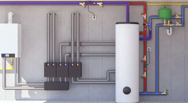 Heizungsanlage mit Boiler, Ausdehnungsgefäß und Rohrsystem. Die sicherheitsgruppe trinkwasser ist Teil des komplexen Systems.