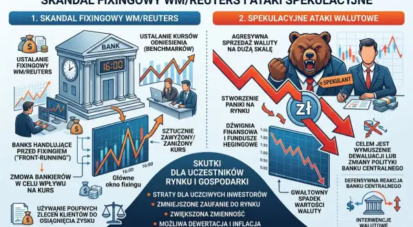 Ilustracja pokazuje, jak działa forex, przedstawiając manipulacje na rynku: skandal fixingowy i ataki spekulacyjne.