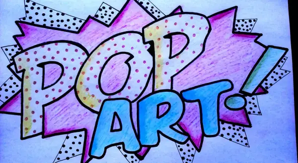 Kolorowe, łatwe rysunki w stylu pop art z napisem "POP ART!" na tle wybuchu w komiksowym stylu.