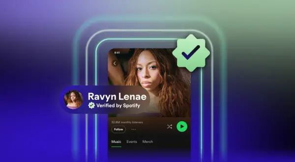 Learn how to get verified on Spotify with this visual guide. The image shows Ravyn Lenae's verified Spotify profile, highlighting the blue checkmark.