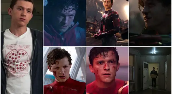 Peter Parker in verschiedenen Szenen von "Spider-Man: No Way Home", mal verletzt, mal im Anzug, mal mit Pizza-Shirt.