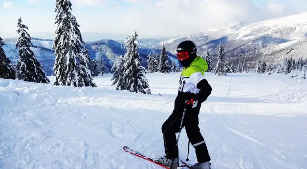 Narciarz na łagodnych stokach narciarskich Zakopane dla początkujących, otoczony ośnieżonymi drzewami i górami.