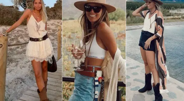 Estilo boho chic: tres mujeres con sombreros, vestidos vaporosos, shorts y botas, capturando la esencia libre y bohemia.