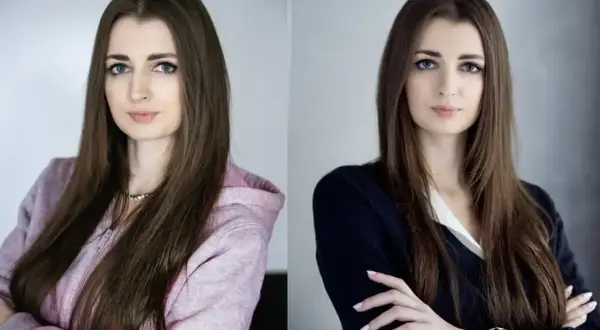 Dwie wersje portretu kobiety, idealne jako zdjęcie do CV. Po lewej w różowej bluzie, po prawej w eleganckim swetrze.