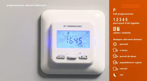 Programowanie zdarzeń dziennych na Thermoval TVT 04. Wyświetla godzinę 16:45, tryb programowania P, dni tygodnia 1-5, 6-7.