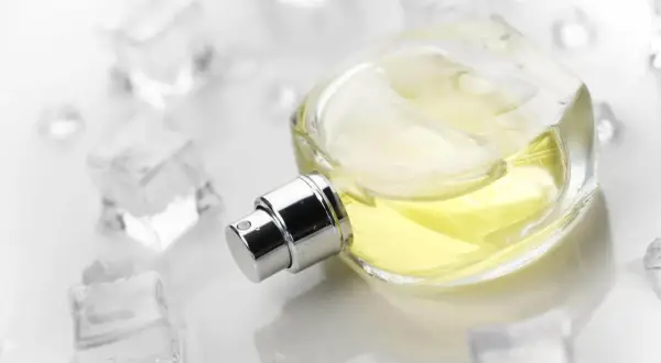 Eleganckie szyprowe perfumy w szklanej butelce, otoczone kostkami lodu, sugerują orzeźwiający, chłodny zapach.