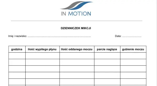 Dzienniczek mikcji do zapisywania ilości wypitego płynu, oddanego moczu, parć naglących i gubienia moczu.