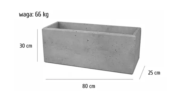 Szary betonowy prostokątny kwietnik o wadze 66 kg. Wymiary bloczków betonowych: 80 cm długości, 30 cm wysokości, 25 cm szerokości.