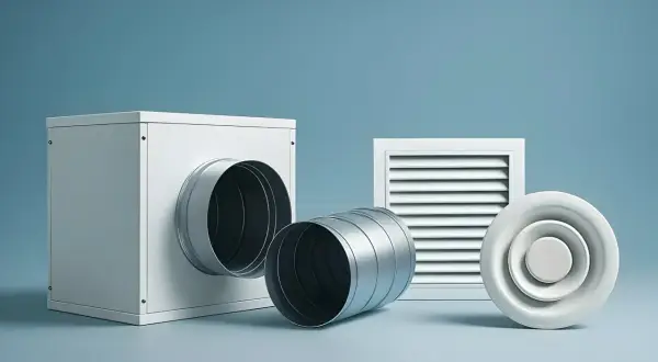 Komponenter för ventilation hemma: en ventilationsbox, ett flexibelt rör och en rund ventil.