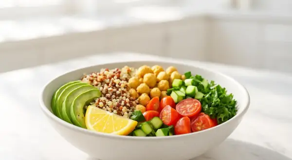 Una ciotola colorata con quinoa, ceci, pomodorini, cetrioli, lattuga e avocado. Perfetta per il tuo sgarro settimanale, aiuta il metabolismo.