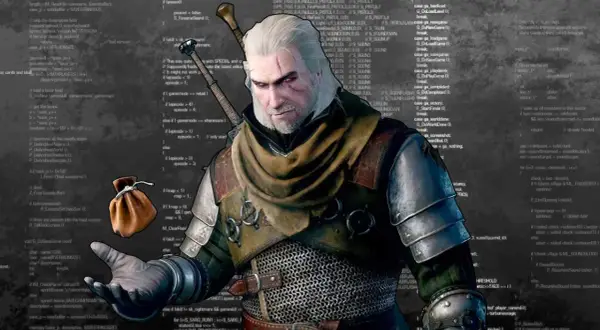 Geralt z Rivii na tle kodu gry Wiedźmin 3. W ręce trzyma sakiewkę z monetami, jakby oferował graczom możliwość zdobycia skarbów dzięki znajomości **kodów Wiedźmin 3**.