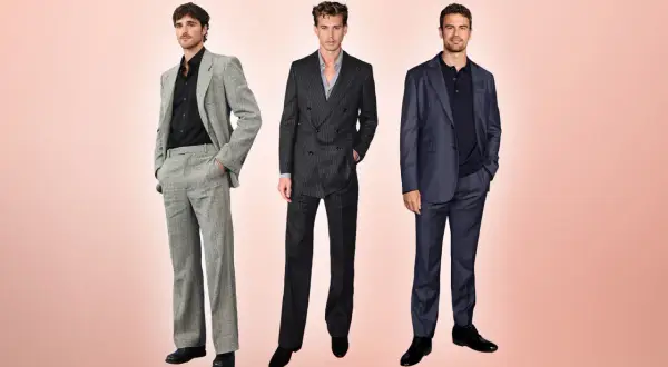 Drei Männer in Anzügen, die den dress code casual lässig interpretieren. Einer trägt einen hellgrauen Tweed-Anzug, der zweite einen dunkelgrauen Nadelstreifen-Anzug, der dritte einen dunkelblauen Anzug.