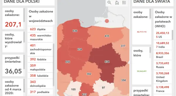 Mapa Polski z zaznaczonymi województwami i liczbą zakażeń. Dane o zakażeniach w Polsce i na świecie.