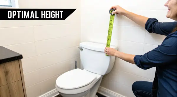 Measuring for optimal grab bar installation height next to a toilet.