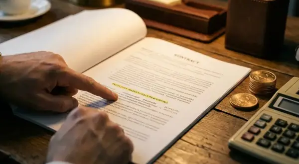 Dłoń wskazuje na dokument "wypowiedzenie za porozumieniem stron". Obok leży kalkulator i monety.