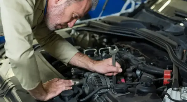 Mechanik z kluczem w ręku sprawdza świece żarowe w silniku samochodu.