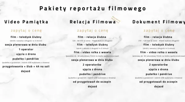 Trzy kolumny z pakietami usług filmowych: Video Pamiątka, Relacja Filmowa, Dokument Filmowy.