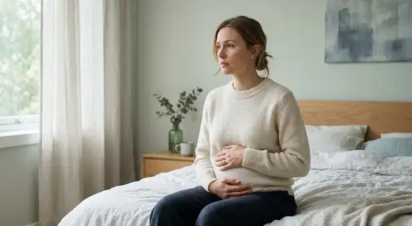 En kvinna sitter på en säng med händerna över magen, blicken fundersam. Bilden kan tolkas som tecken på missfall.