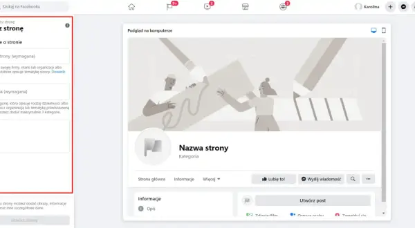 Tworzenie strony na Facebooku: wpisz nazwę, kategorię i opis, aby Twoje konto było widoczne.