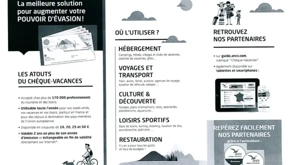 Chèques-Vacances pour vos loisirs, voyages, hébergements, culture, sports et restauration. Idéal pour les péages et autres dépenses.