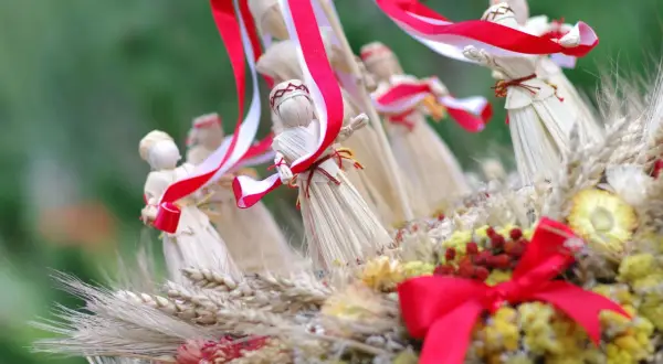 Słomiane figurki, jak posag panny młodej, ozdobione biało-czerwonymi wstążkami, wśród kłosów i suszonych kwiatów.