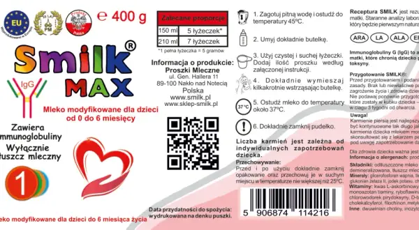Smilk MAX - mleko modyfikowane dla niemowląt od 0 do 6 miesięcy, zawiera immunoglobuliny. Dlaczego wycofany? Brak informacji.