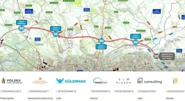 Mapa przedstawia przebieg północnej obwodnicy Krakowa od węzła Modlnica do węzła Kraków Mistrzejowice, z zaznaczonymi etapami budowy i wykonawcami.
