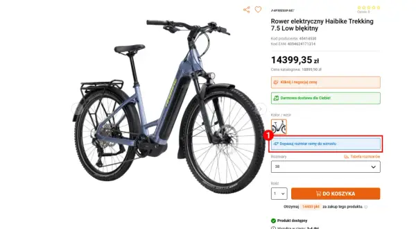 Błękitny rower elektryczny Haibike Trekking. Przycisk "Dopasuj rozmiar ramy do wzrostu" pomoże Ci wybrać idealny model.