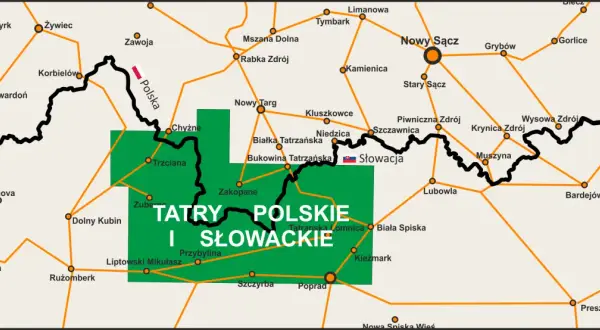 Mapa pokazuje, gdzie są Tatry Polskie i Słowackie, z zaznaczonymi miastami jak Zakopane, Nowy Targ i Poprad.