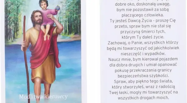 Ilustracja do modlitwy kierowcy: św. Krzysztof z Dzieciątkiem Jezus na ramionach, trzymający laskę.