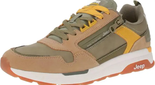 Scarpe Jeep uomo in camoscio e tessuto tecnico, color kaki e cuoio, con zip laterale e lacci gialli. Perfette per ogni avventura.