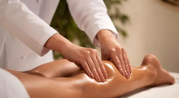 Dłonie terapeuty wykonują masaż łydki, przygotowując ją do zabiegu presoterapii.