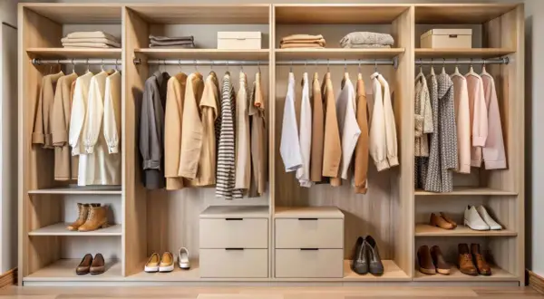 Armario organizado con ropa colgada y doblada, zapatos en estantes. Muestra cómo se mide un armario para optimizar el espacio.