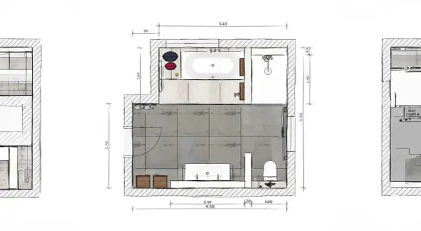 Grundriss eines modernen Badezimmers mit Badewanne, Dusche, Doppelwaschbecken und Toilette. Graue Fliesen und Holzakzente.