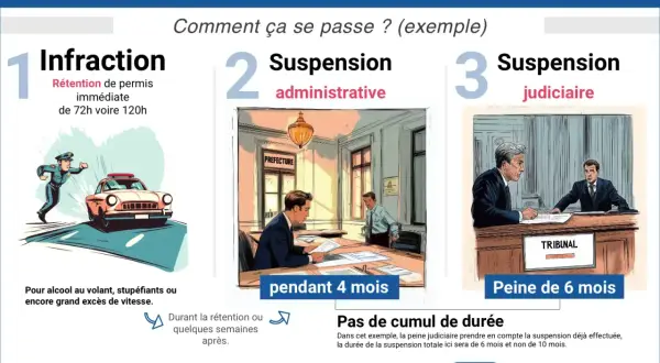 Infraction routière entraînant une suspension de permis. Illustration du processus : rétention immédiate, suspension administrative (4 mois), puis judiciaire (6 mois).