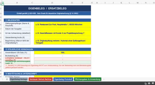 Excel-Tabelle mit einer Eigenbeleg Vorlage. Erfassung von Belegdaten, steuerlichen Kennzahlen und Bestätigung.