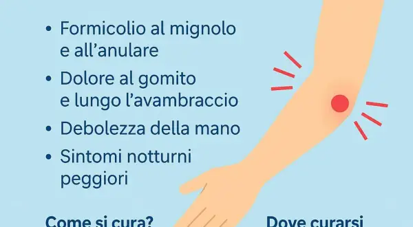 Dolore al gomito e formicolio al mignolo, sintomi del tunnel cubitale dovuti alla compressione del nervo ulnare.