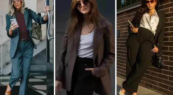 Trzy kobiety prezentują elegancki workwear style: garnitur w odcieniu szarości, brązowa marynarka z białym topem i czarne spodnie z satynową bluzką.