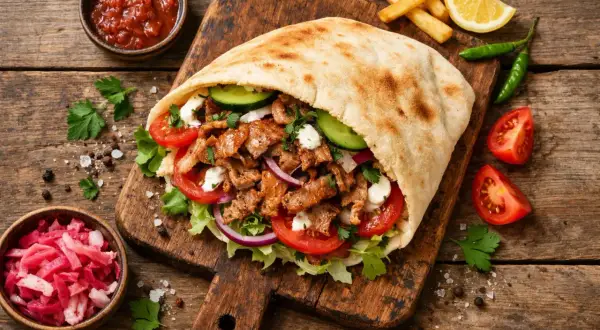Duży kebab z mięsem, warzywami i sosem na desce, obok frytki i sosy.