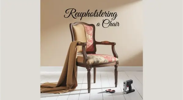 Learn how to reupholster a chair with this elegant armchair, fabric, scissors, and staple gun.