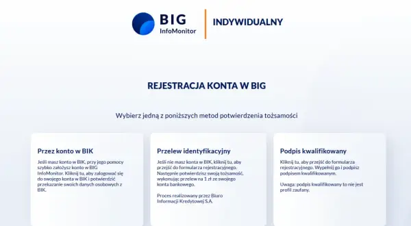 Rejestracja konta w BIG InfoMonitor: wybierz metodę potwierdzenia tożsamości – przez konto w BIK, przelew identyfikacyjny lub podpis kwalifikowany.