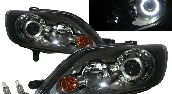 Reflektory do Golfa 5 z ringami LED, idealne do wymiany żarówki w przedniej części auta.