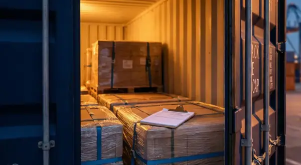 Ladung im Container, bereit für den Versand nach den Hague Visby Rules. Kisten sind verpackt und gesichert.