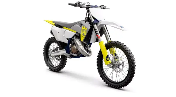 Motocykl crossowy Husqvarna TC 125 z żółtymi elementami na białym tle.