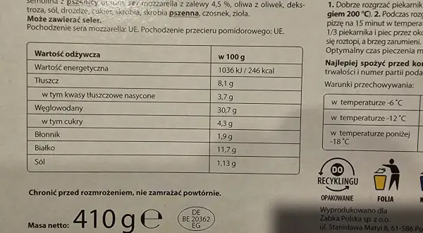 Tabela wartości odżywczych pizzy z podziałem na składniki i ilością kalorii w 100g.